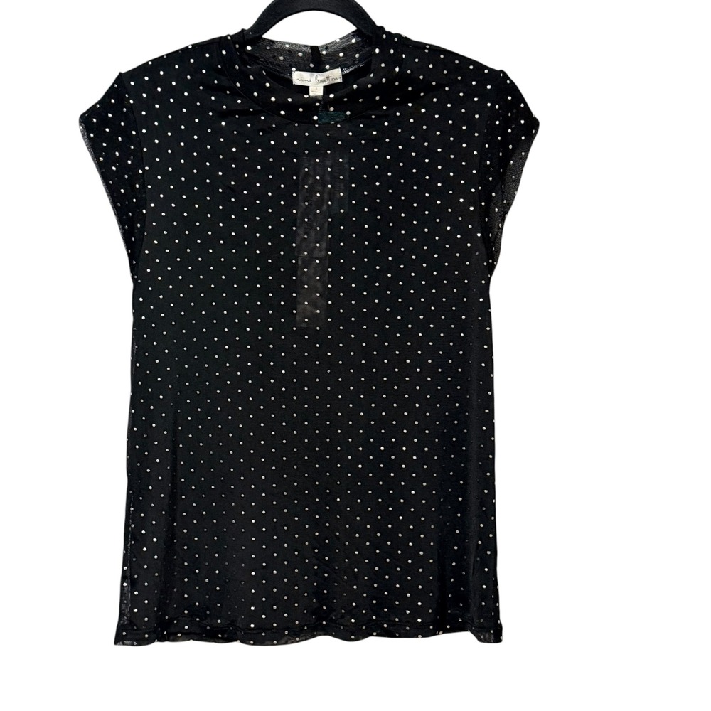 Nine Britton Womens Black Silver Foil Polka Dot Mesh Mock Neck Cap Sleeve Top S
